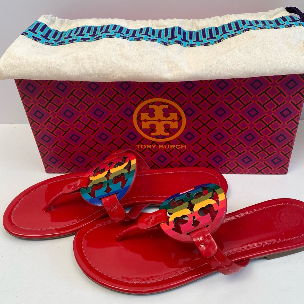TORY BURCH EUC RUBY RED PATENT LEATHER BRIGHT RAINBOW MILLER SANDALS - US SIZE 7